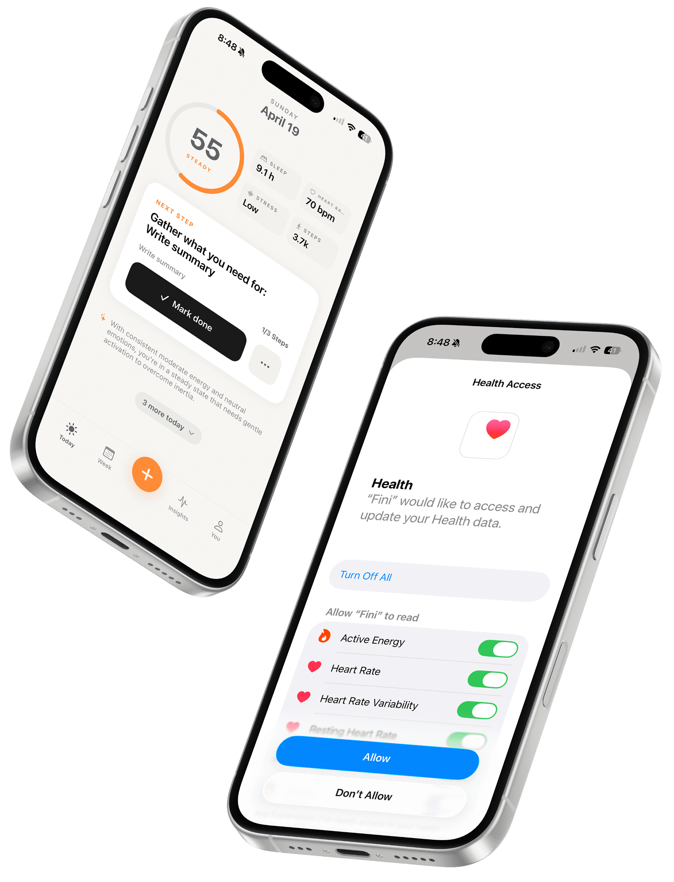 Fini reads Apple Health signals and breaks tasks into smaller steps when energy is low
