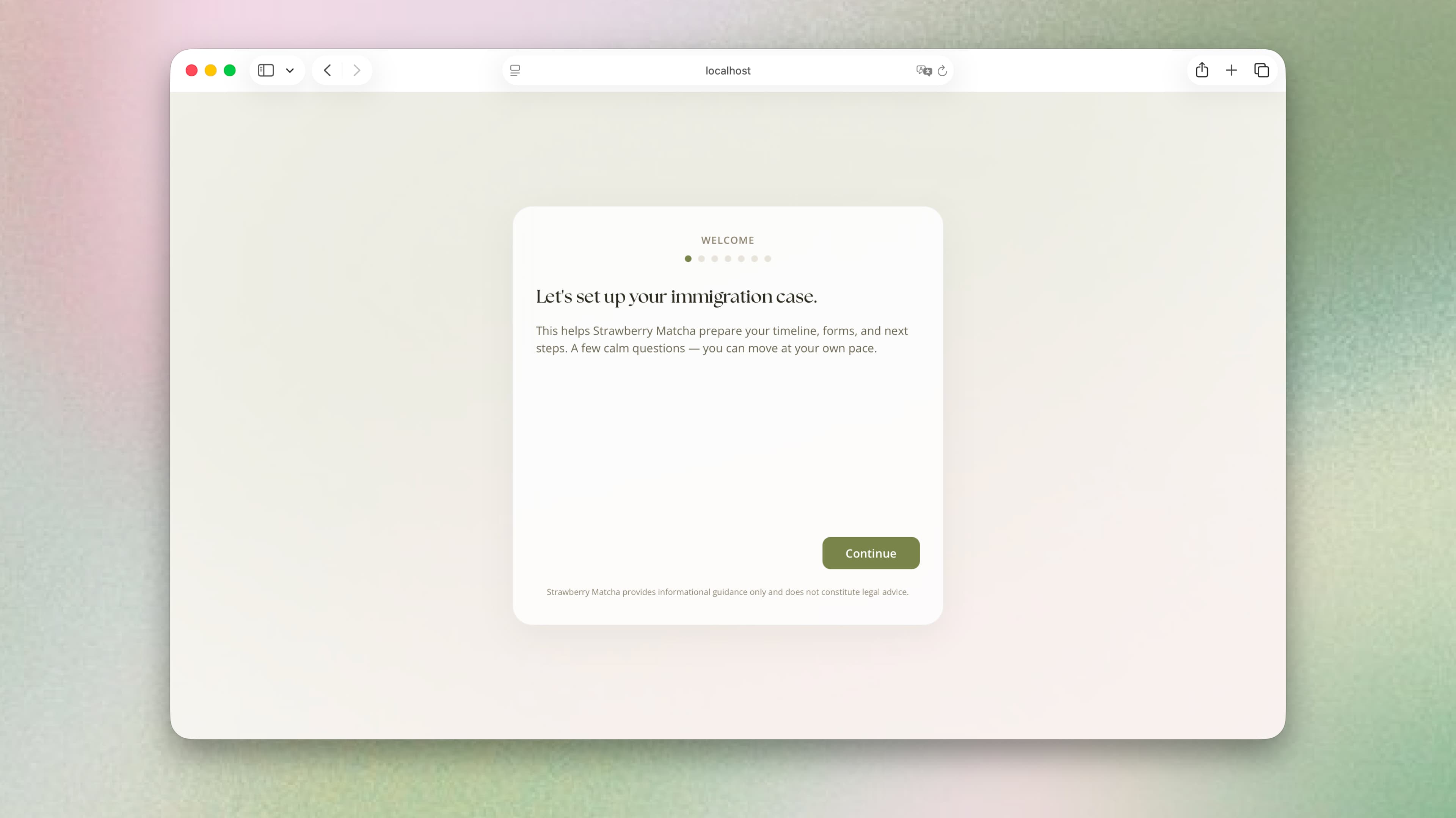 Step 1 — Welcome screen: Let's set up your immigration case.