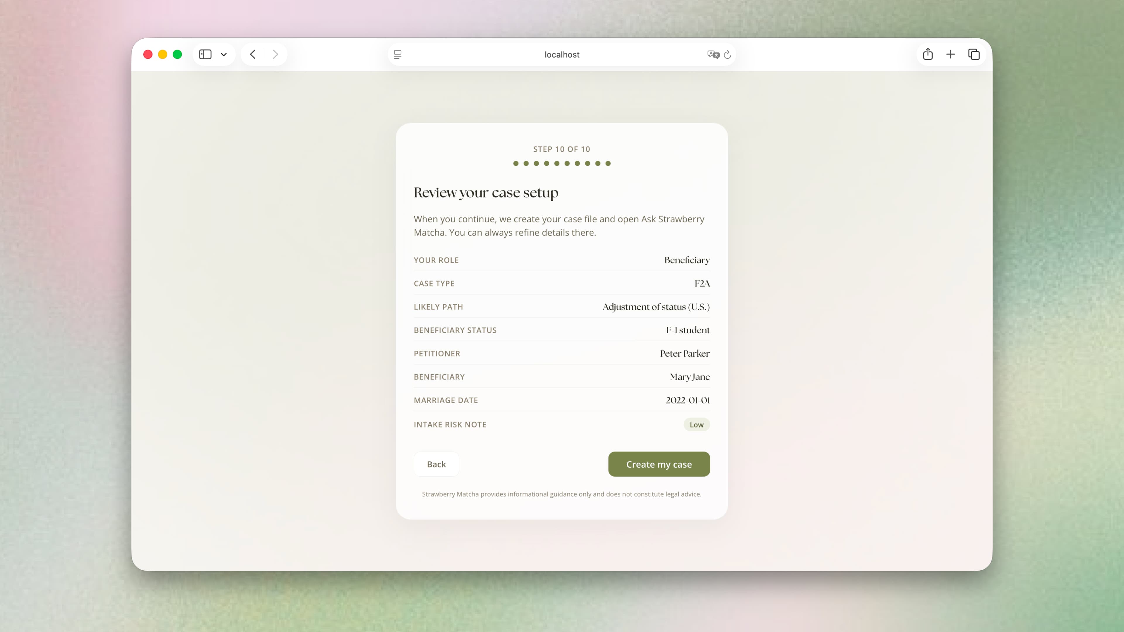Step 10 of 10 — Review your case setup before creating the case file.