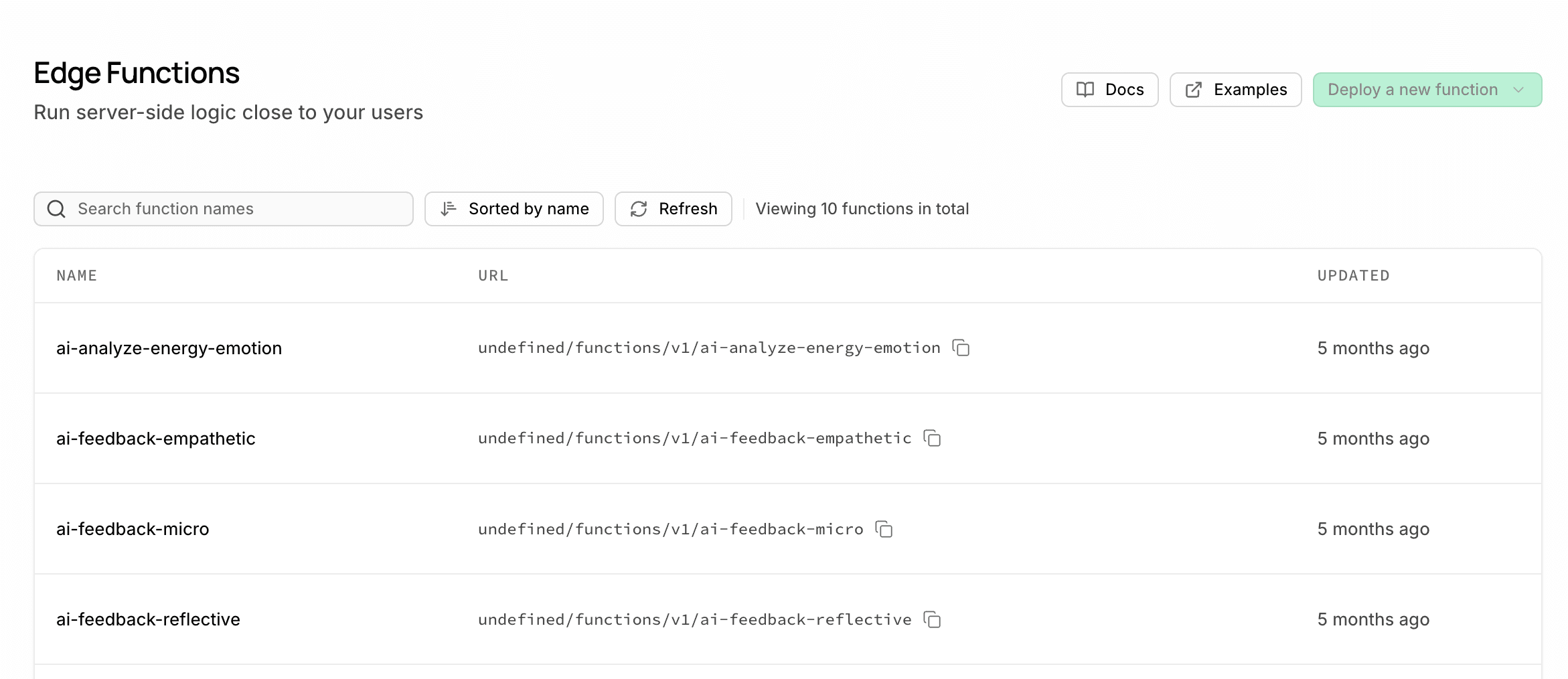 Supabase dashboard listing the deployed AI edge functions used by Fini