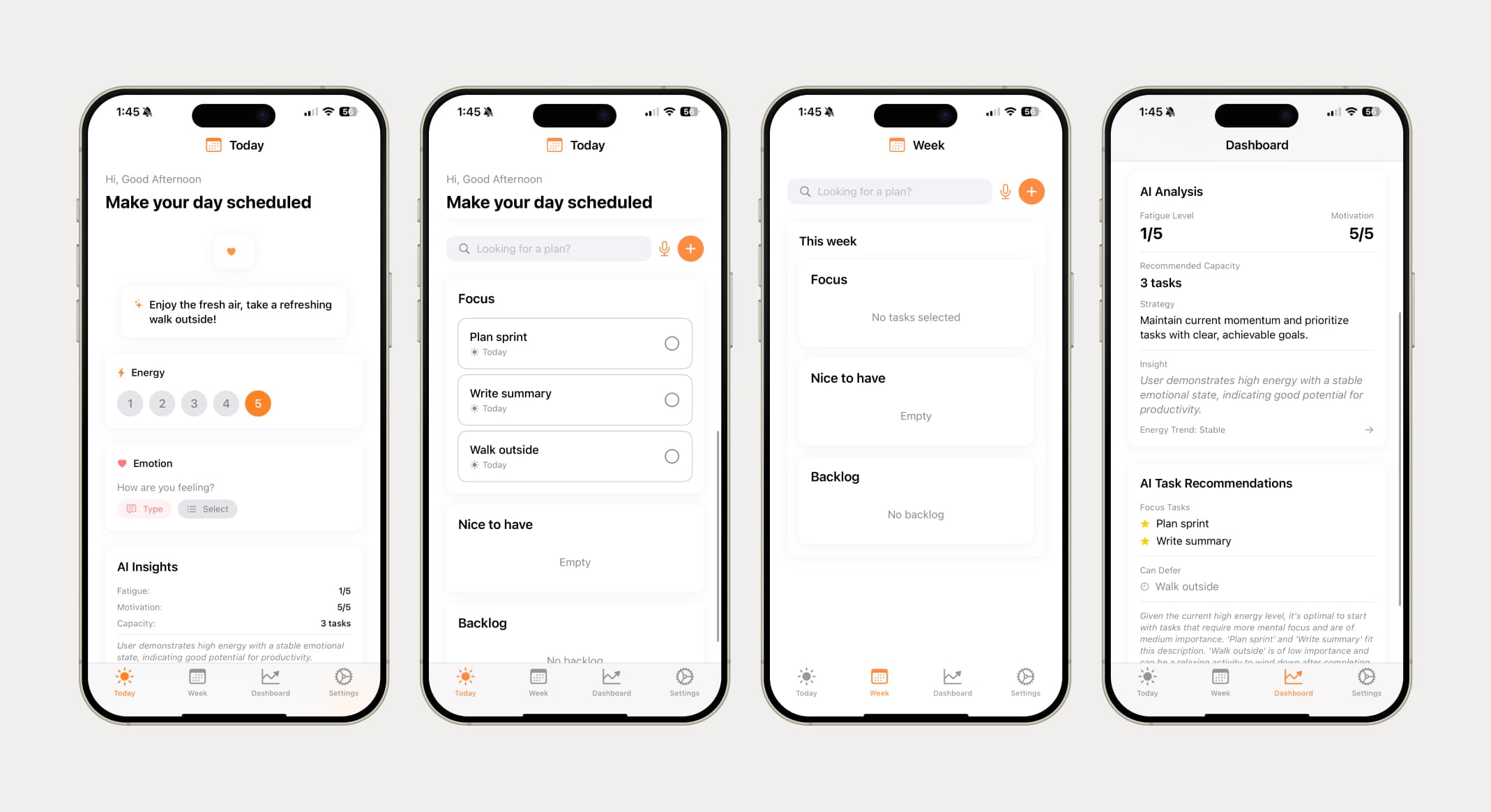Four iPhone screens from the working build: today view, task list, week view, and AI dashboard